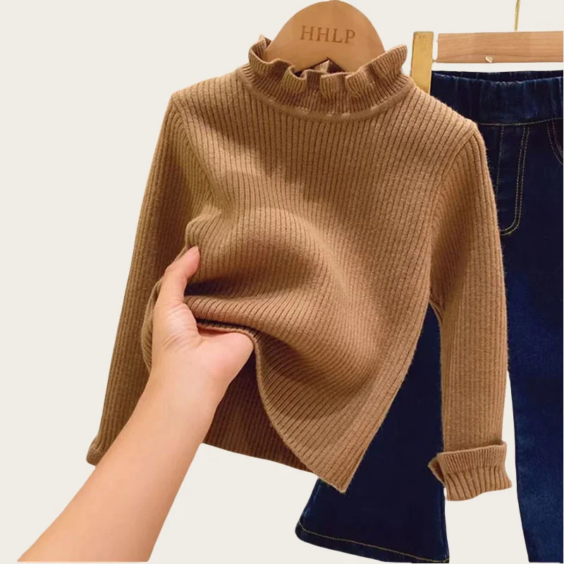 Children\'s Sweaters Base Tops 1-6Y 2024 Autumn Solid High Elastic Girl\'s Knit Pullover Kid\'s Turtleneck Flare Sweater for Girls