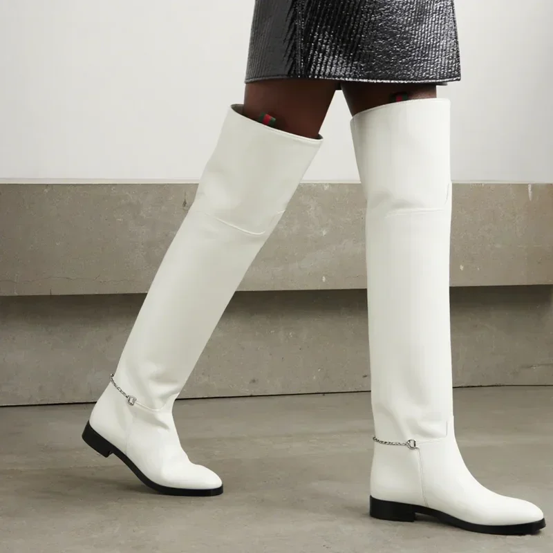 

Metal Decoration Over The Knee Boots Sexy Round Toe Square Heel Patent Leather New Arrivals Fashion Women Modern Boots