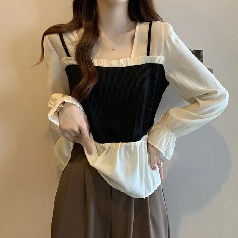 Xiaoxiangfeng Covers Her Stomach Fake Two White Shirts Women's Spring New Slimming Look Versatile Pullover Top Base Shirt