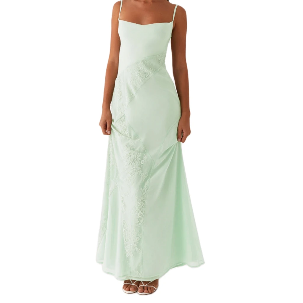 ผู้หญิงหรูหราเย็บปักถักร้อยชุดยาวลูกไม้ Patchwork Cami ฤดูร้อน Tie-Up Backless สปาเก็ตตี้ชุดสายคล้อง