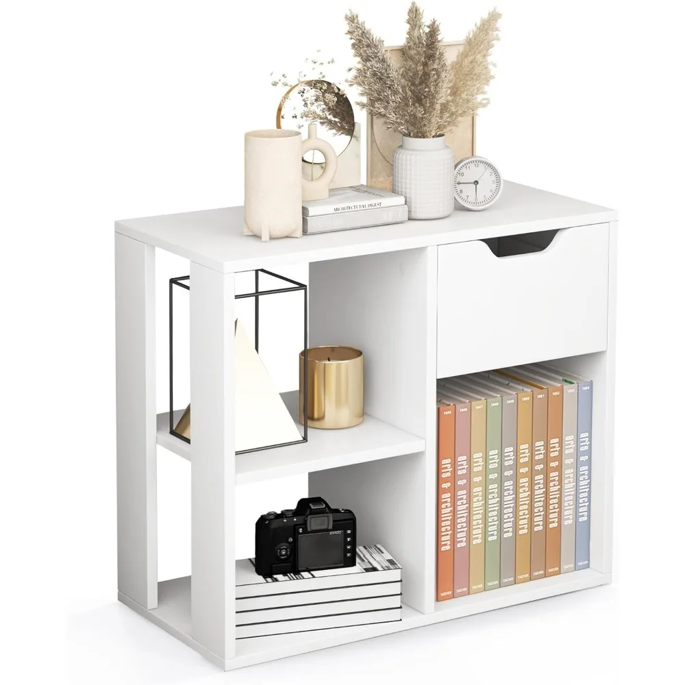 

3 Cube Bookcase with Drawer, 2 Tier Bookshelf, Modern Freestanding Display Rack with Open Shelves, Wood Cube Storage Organizer
