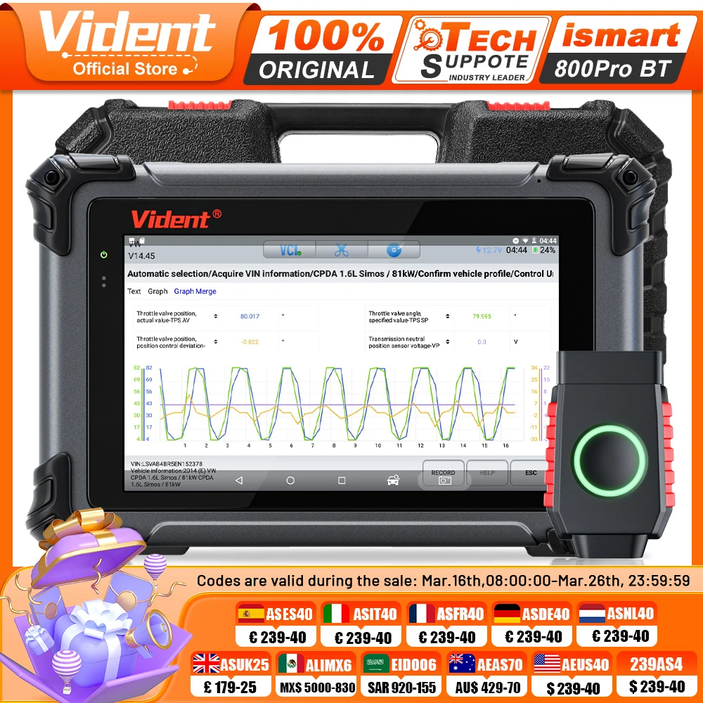 VIDENT iSmart800Pro BT Car Diagnostic Tools OBD2 Scanner Bluetooth 40 Reset Function Key Programmer Active Test With CAN FD&DoIP