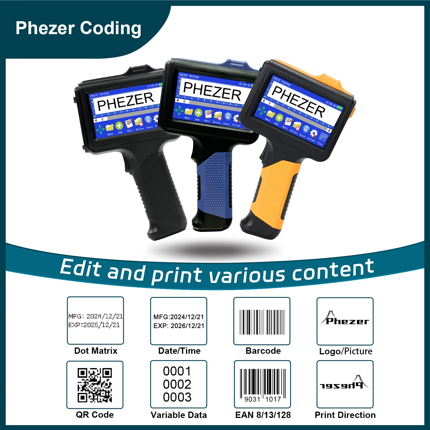 

Phezer 12.7mm Portable P19 Handheld Inkjet Printer Three Colors To Choose From QR Bar Batch Code Date Number Logo Expiry Date
