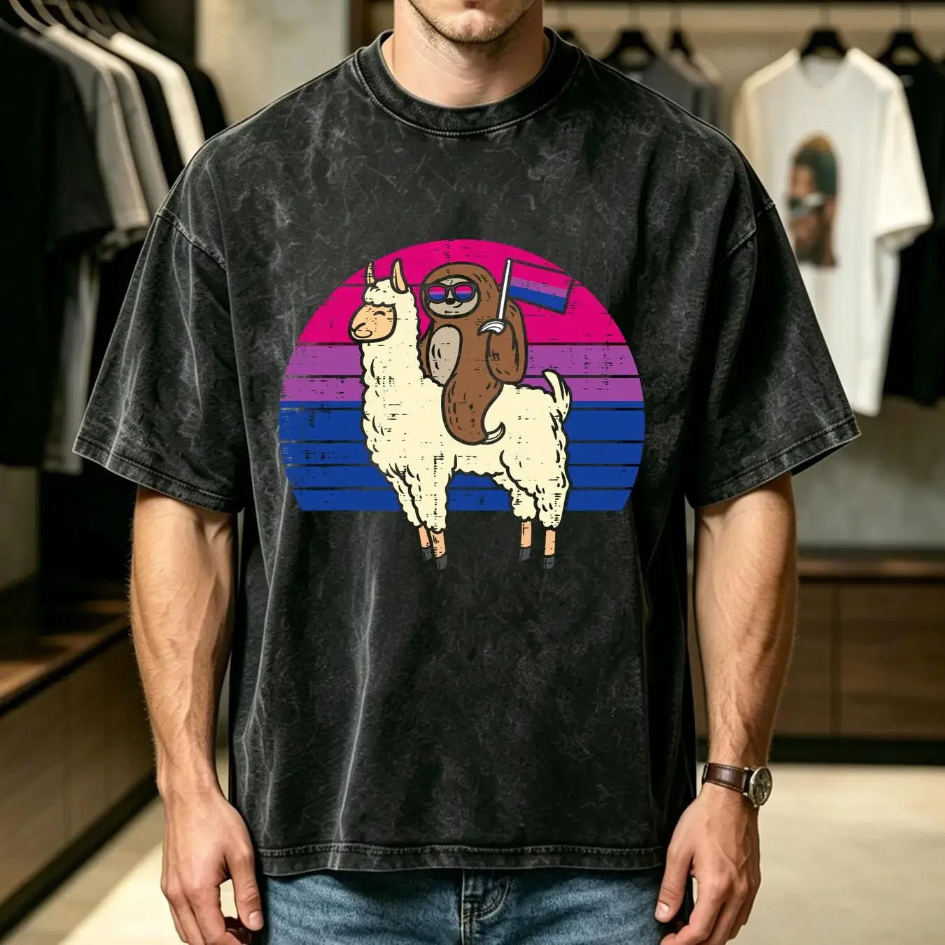 washed T Shirt Llama Sloth Bisexual Flag Glasses Sunset Retro Bi Pride LGBT  vintage Washed graphic Stylish Casual homme