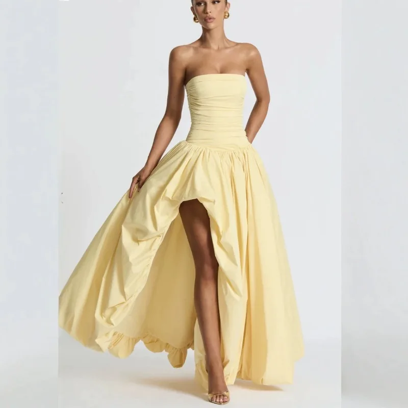 

Women's Sexy Backless Strapless Fluffy Hem Split Dress with High Waist and Pleated A-line Long Skirt Elegant Party Evening Dress