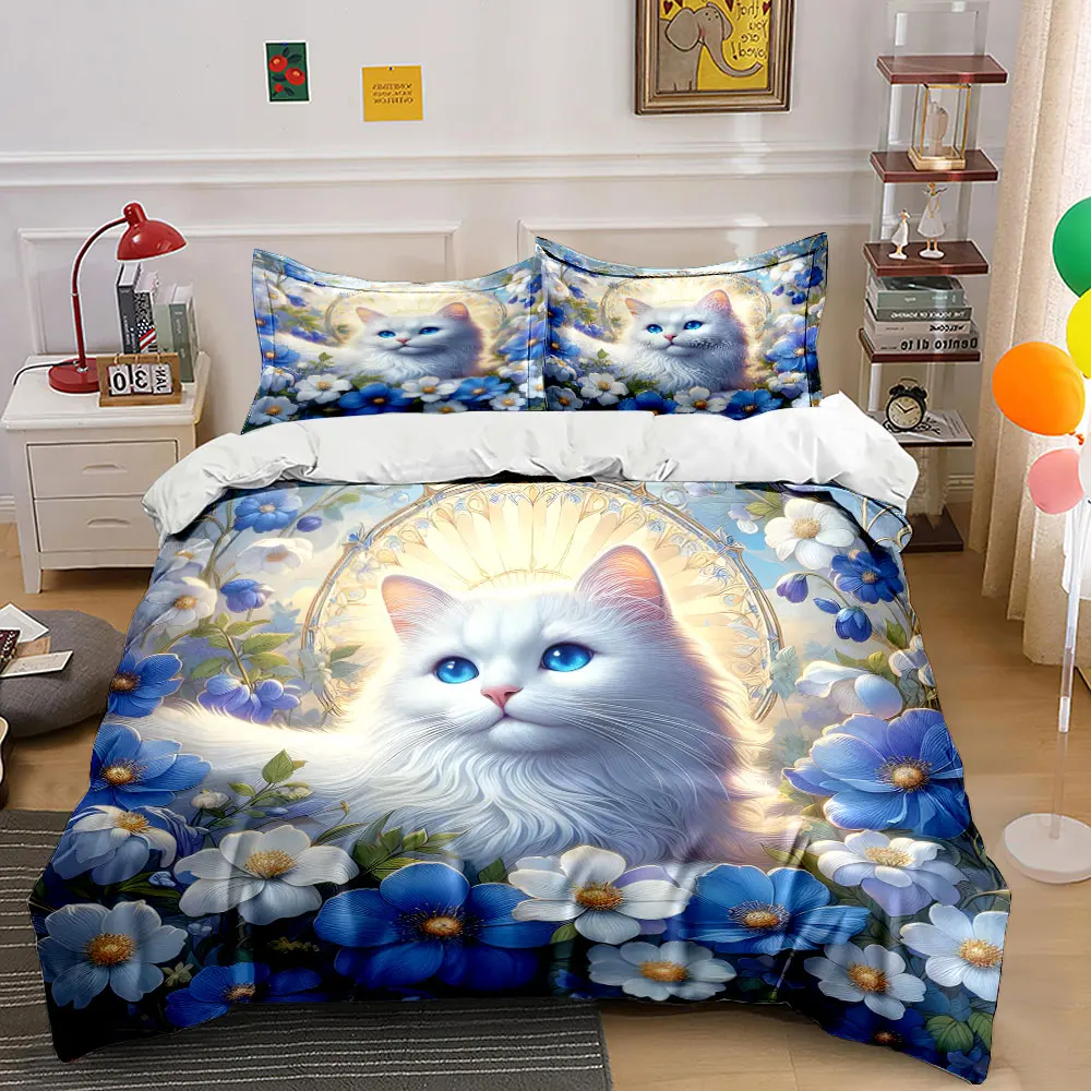 

Cat in blue and white flowers Bedding Set for Kids Luxury Gift 3pcs Digital Print Comforter Set Soft Comfortable Breathable