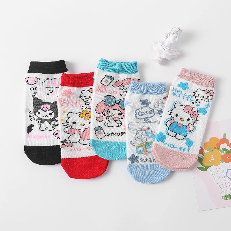 

5 pair Types Anime Saniro Kuromi Socks Cartoon Pink Hello Kitty Knitted Cotton Adults Girls Socks Fashion Trend Tube Socks