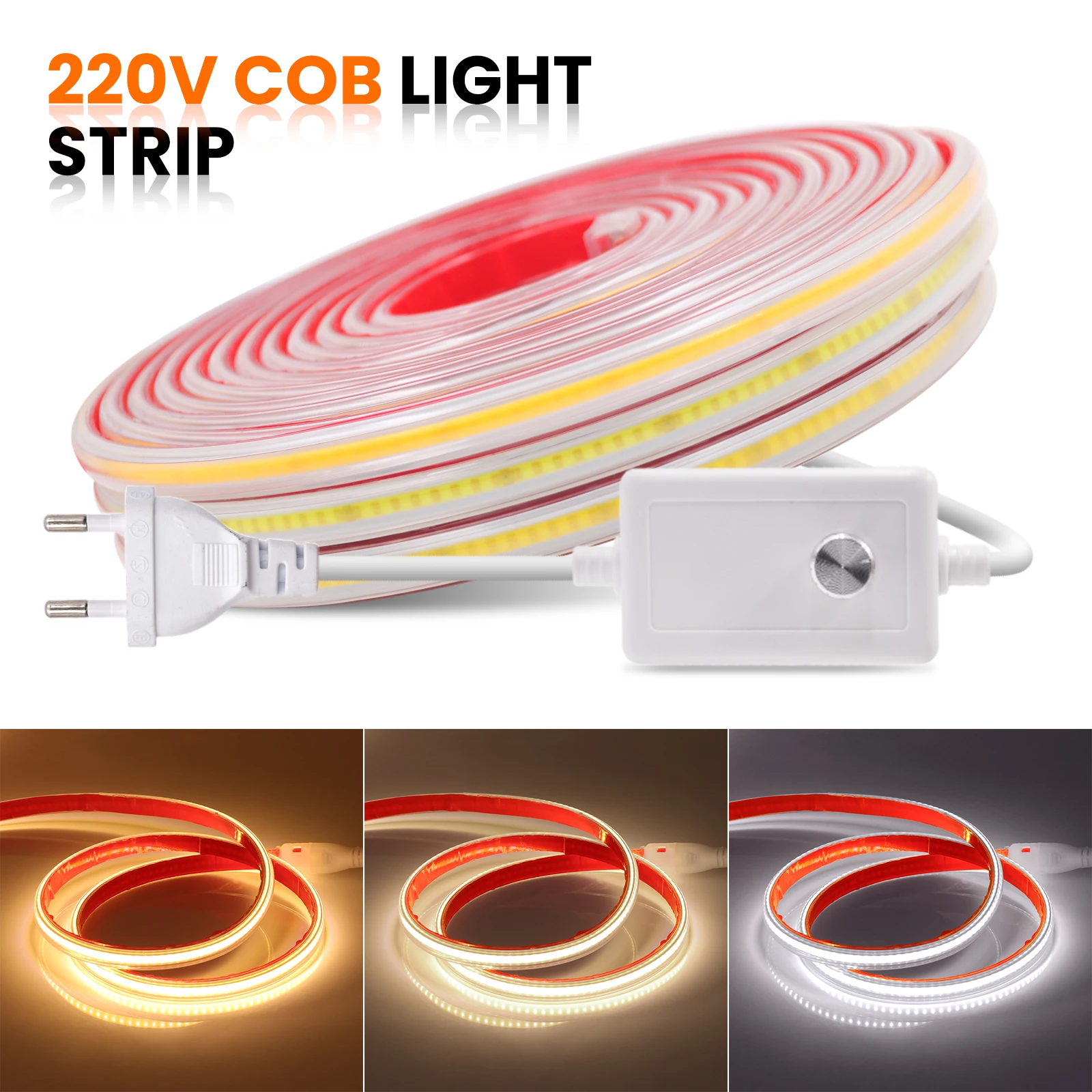 Dimmable Adhesive Tape COB Strip 220V 50CM Cuttable Wireless Linear Density Lighting RA90 288LEDs/M IP65 Waterproof 1M 10M 30M