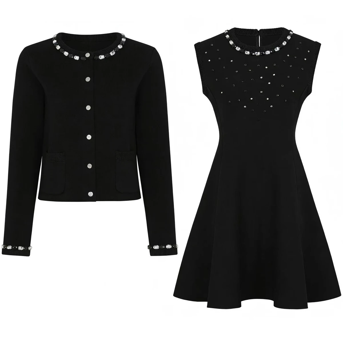 

2666 High Quality New Fashionable Complex Nail Bead Elastic Knitted Long Sleeved Top Cardigan+sleeveless Dress Women's Set