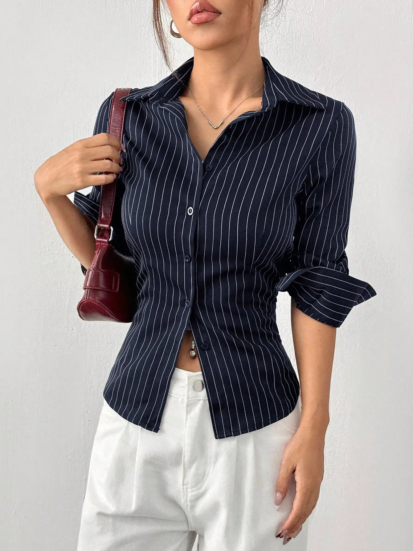 

Navy Blue Striped Women's Long Sleeve Shirt Business Casual Office Blouse