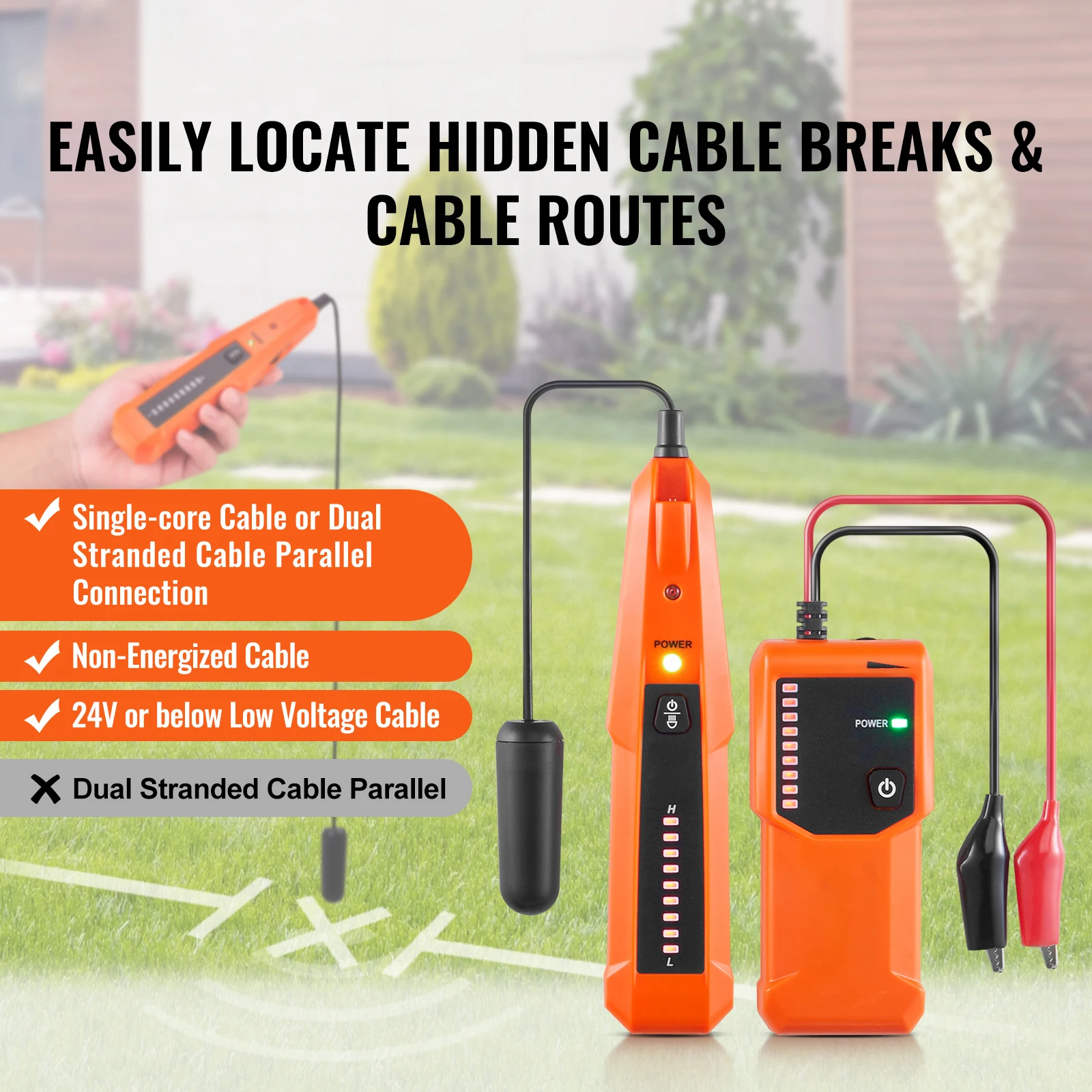 VEVOR Underground Cable Locator 3 FT Max. Detection Depth Wire Tracer Break Detector with Earphone for Finding Buried Cables