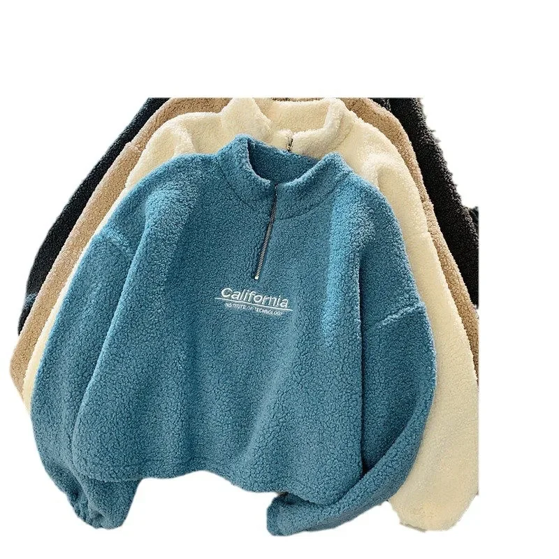 سترة نسائية بغطاء للرأس بسحاب مخملي من لامب سميكة وفضفاضة على الطراز الكوري للخريف والشتاء بنصف ياقة عالية ملابس خارجية قصيرة