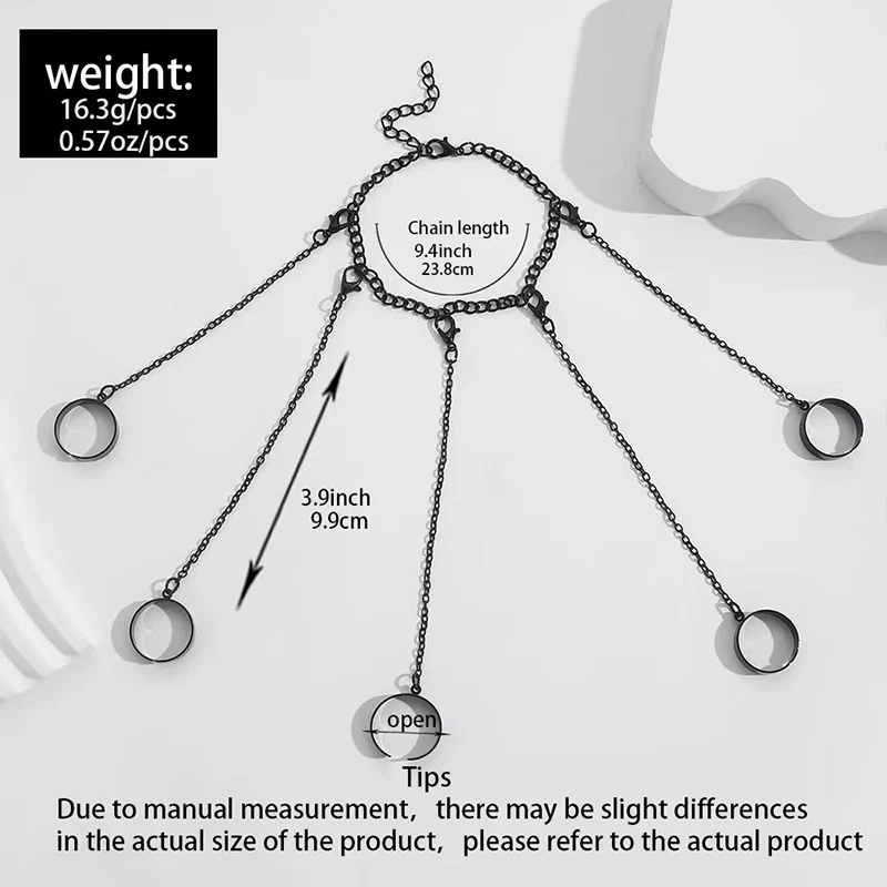 Punk Geometric Black Color Chain Wrist Bracelet Ring For Women Men Open Ring Silver Link Chain Girls Cool Design Fashion Jewelry