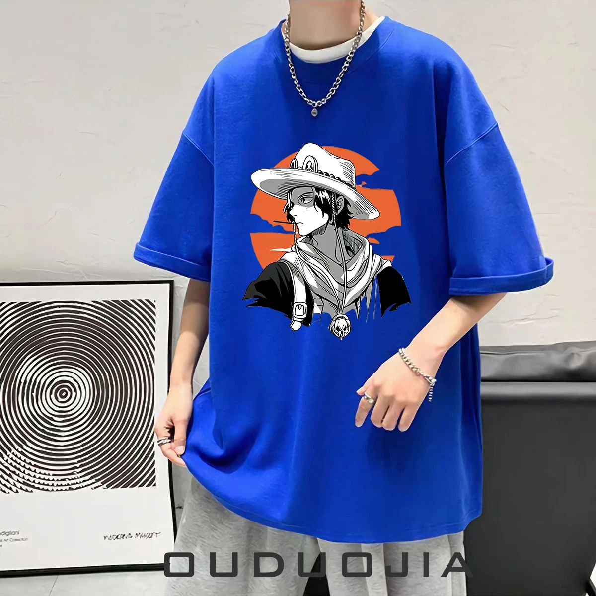 قطعة واحدة Ace تي شيرت الرجال قصيرة الأكمام القطن الثقيل الرسوم المتحركة الصيف هونغ كونغ نمط فضفاض ومتعدد الاستخدامات الاتجاه نصف كم