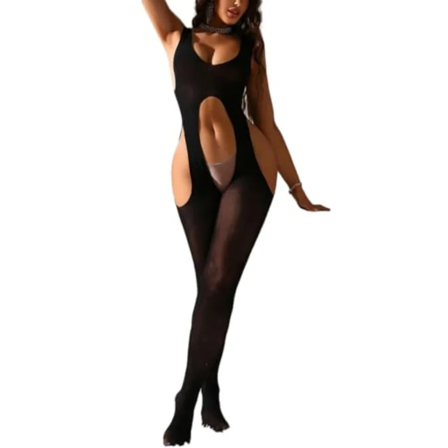 

Women Sexy Bodystocking Suspenders Sheer Lingerie Garter Cutout Bodysuit Scoop Neck One Piece Jumpsuit Attached Stockings Fishn