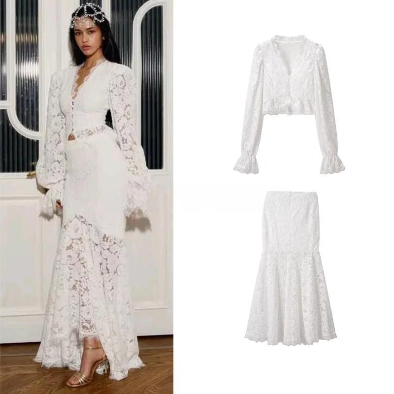 

Spring New Women's Long Sleeve V-Neck Lace Trim Hollow out Patchwork Slim Fit Skirt Set High Waist Fashionable Two-Piece Suit