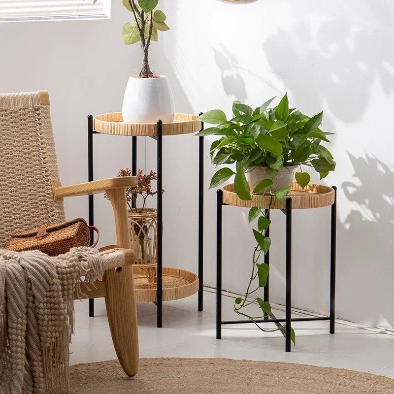 2 Layer Simple Plant Holder Metal Disk Flower Rack Rattan Woven Design Planter Stand Green Flower Decoration Stand for Flowers