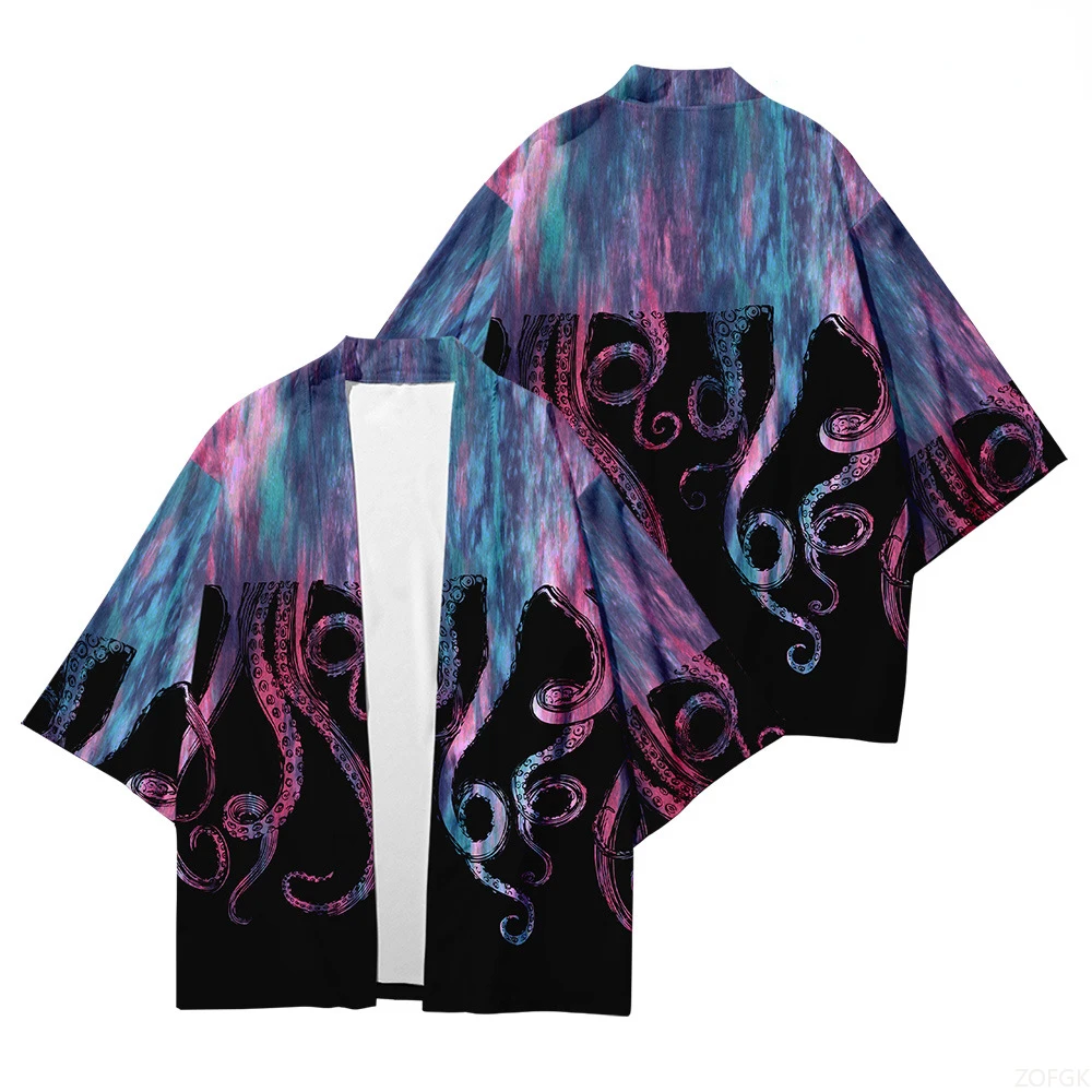 Devil's Fish Print Loose Japanese Streetwear with Open Collar for Men and Women, Harajuku Hiroshi Kimono Cosplay Top