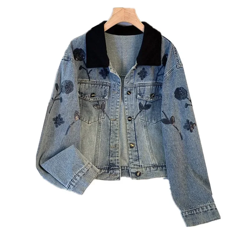 

Vintage Short denim coat female spring autumn new embroidery single-breasted jeans coat female casual outerwear JJ572