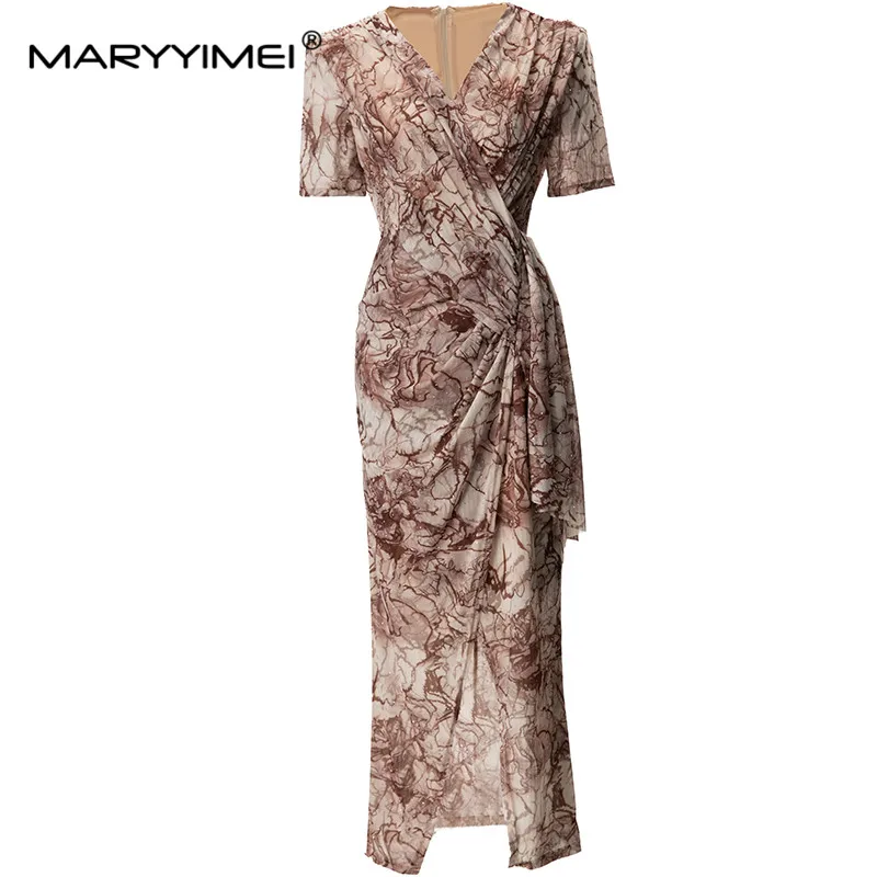 

MARYYIMEI Fashion Design Spring Summer women's V-Neck Short Sleeve Folds Print Hot Diamond Vintage Split Long Dresses