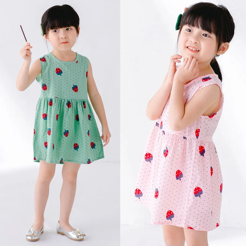 Kids Dress Summer Casual Print Dress Cute Fresh Sleevelsss Breathable Thin Tied Rope Tank Dress