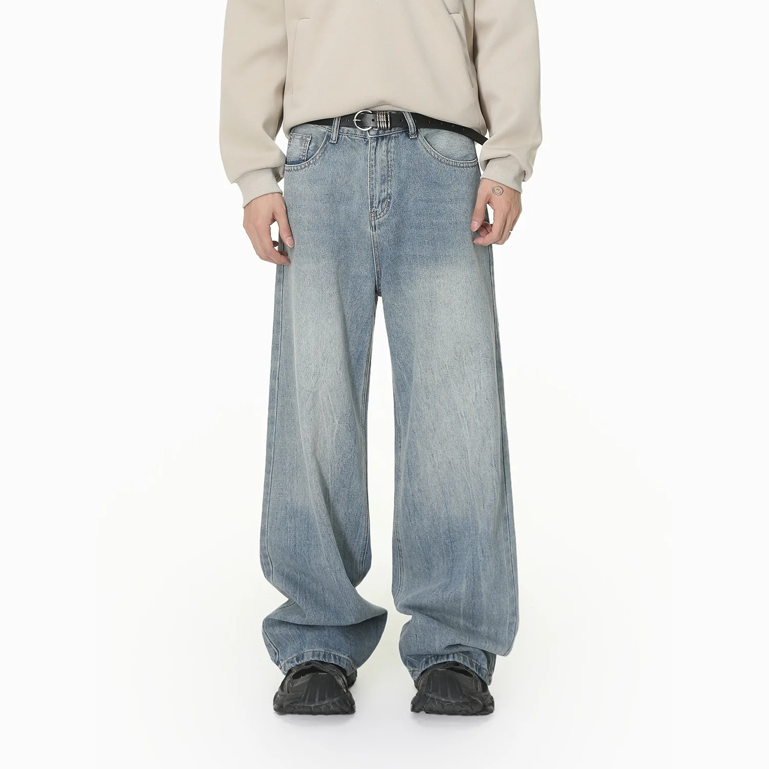 

Korean Fashion Men's Light Blue Solid Color Washed Casual Simple Basic Trendy Wide Leg Straight Washed Denim Trousers Male Jeans