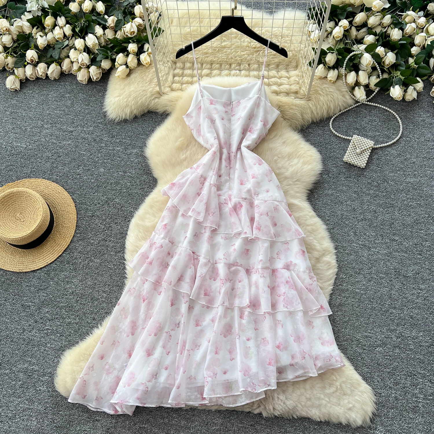 シックなヴィンテージプリントシャーリングフリルスリムエレガントな妖精韓国ファッション自由奔放に生きるサンドレス女性服ロングドレス