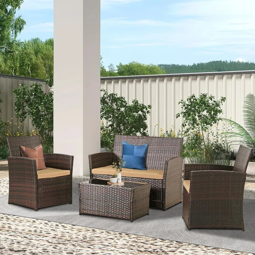 

4 Piece Patio Furniture Set, Outdoor Wicker Conversation Sets with Cushion, Rattan Sofa Chair for Backyard Freight Free