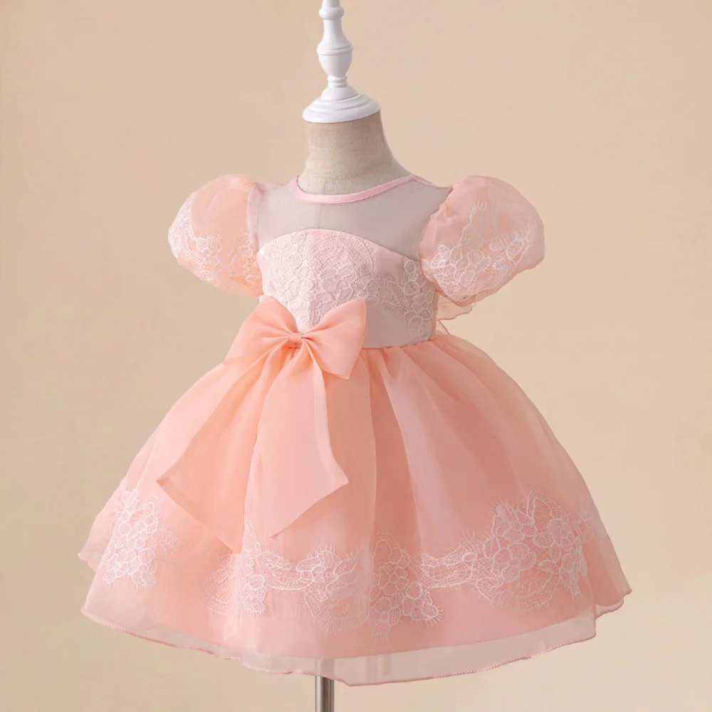 Toddler Girl Fantasy Pink Tutu Dress Girls Bow Birthday Party Dresses Kids Puff Sleeves Wedding Hoiiday Clothing Children Wear