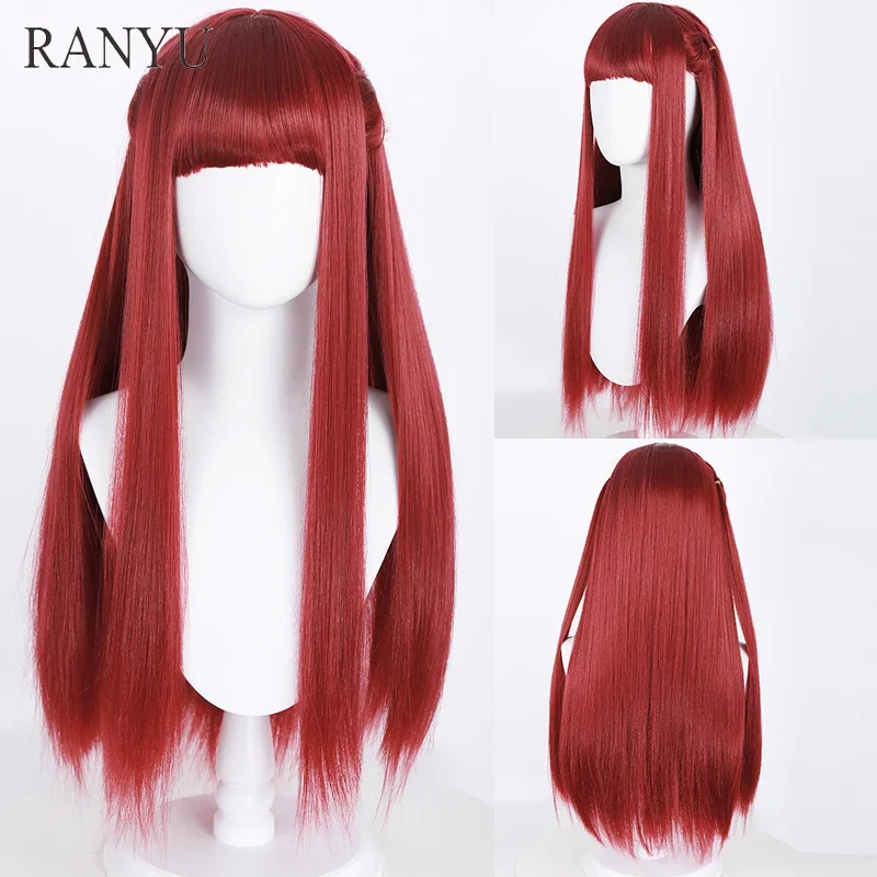 RANYU Wig Cosplay Anime wanita, Wig rambut palsu panjang lurus sintetis merah alami dengan poni untuk pesta harian