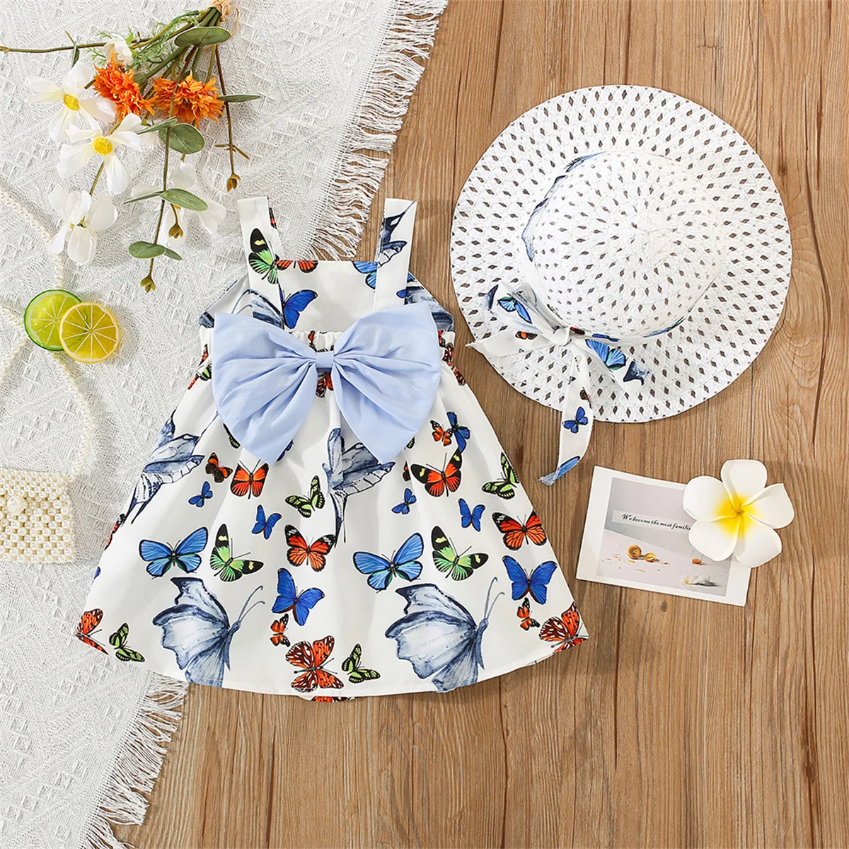 2-Piece Baby Dress+Sun Hat Girl Butterfly Strap Printed Dress For Children'S Cool And Casual Summer Clothing