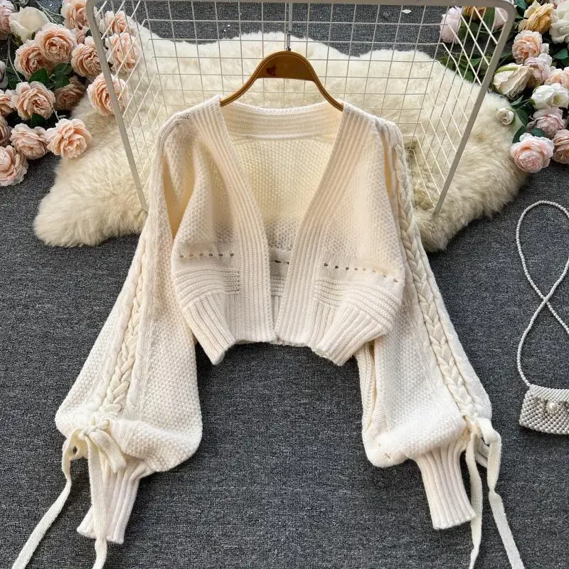 Beige casual acrylic knit V-neck lantern long sleeve lace up WOMEN'S cardigan sweater short cardigan for women clothing 2024