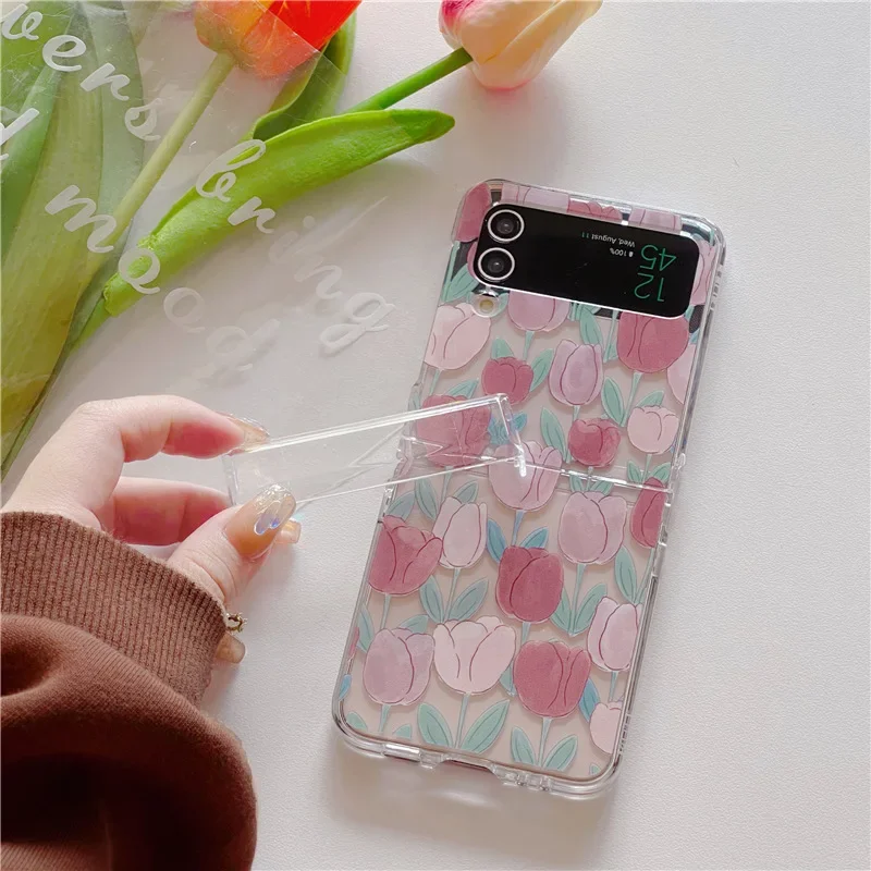 Romantic Pink Tulips Phone Case for Samsung Galaxy Z Flip6 4 3 Hard Cover for ZFlip5 Flip3 Zflip4 Solid Shell Bracket