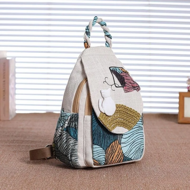 Ethnic Style Versatile Backpack Canvas Multi compartment Cat Cloth Bag Women\'s Bag Zipper Bag Lightweight Cloth Bag