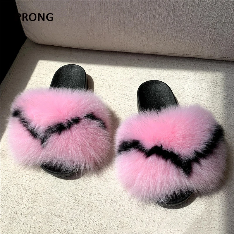 Luxury Fluffy Real Fox Fur Slippers Women Indoor Warm Furry Fur Flip Flops Ladies Plush Fur Slides Summer Beach Sandals