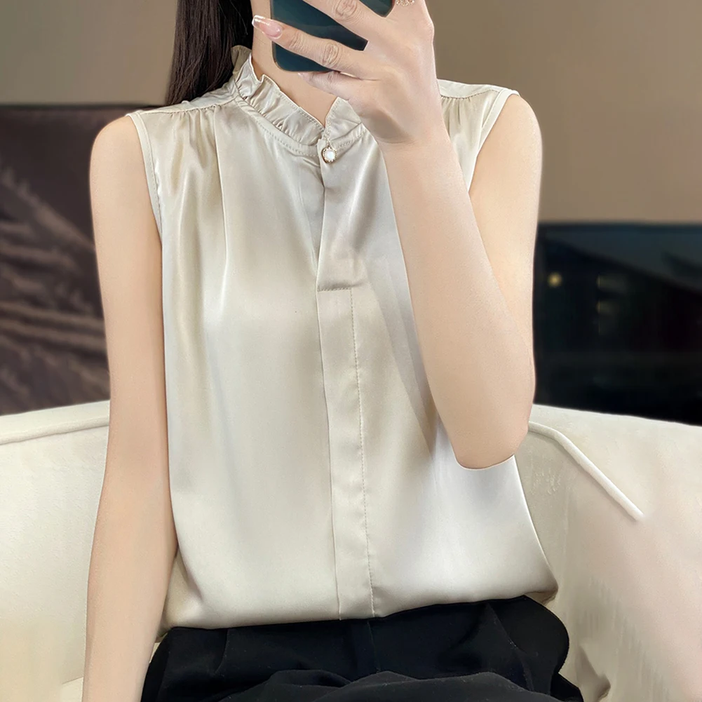 

Ladies Solid Color Sleeveless Vest for Women Summer Use Satin Fabric Polyester Medium Stretch Regular Length Design