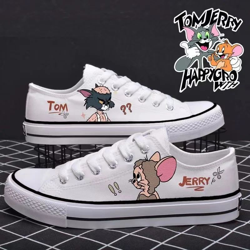 

real pictures Tom and Jerry cat and mouse 2024 New plus size Students Girl sprots black white Canvas Shoes women Casual Shoes