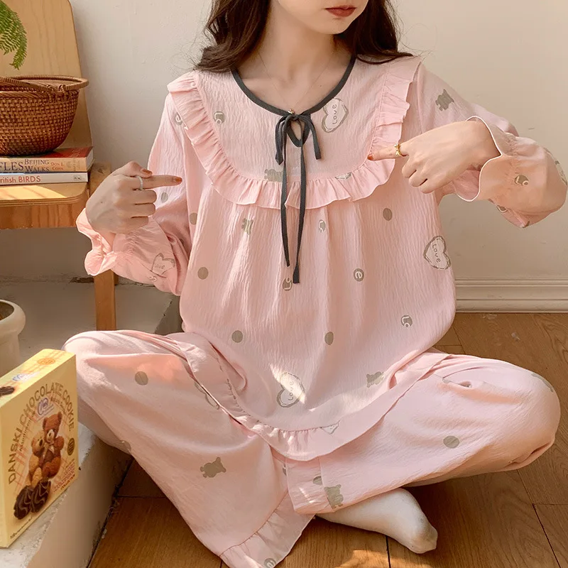 Long Sleeve Pants Two-piece Set Pajamas for Women Sweet Princess Style Home Wear Cloud Cotton Clothes Suitable for Confidantes