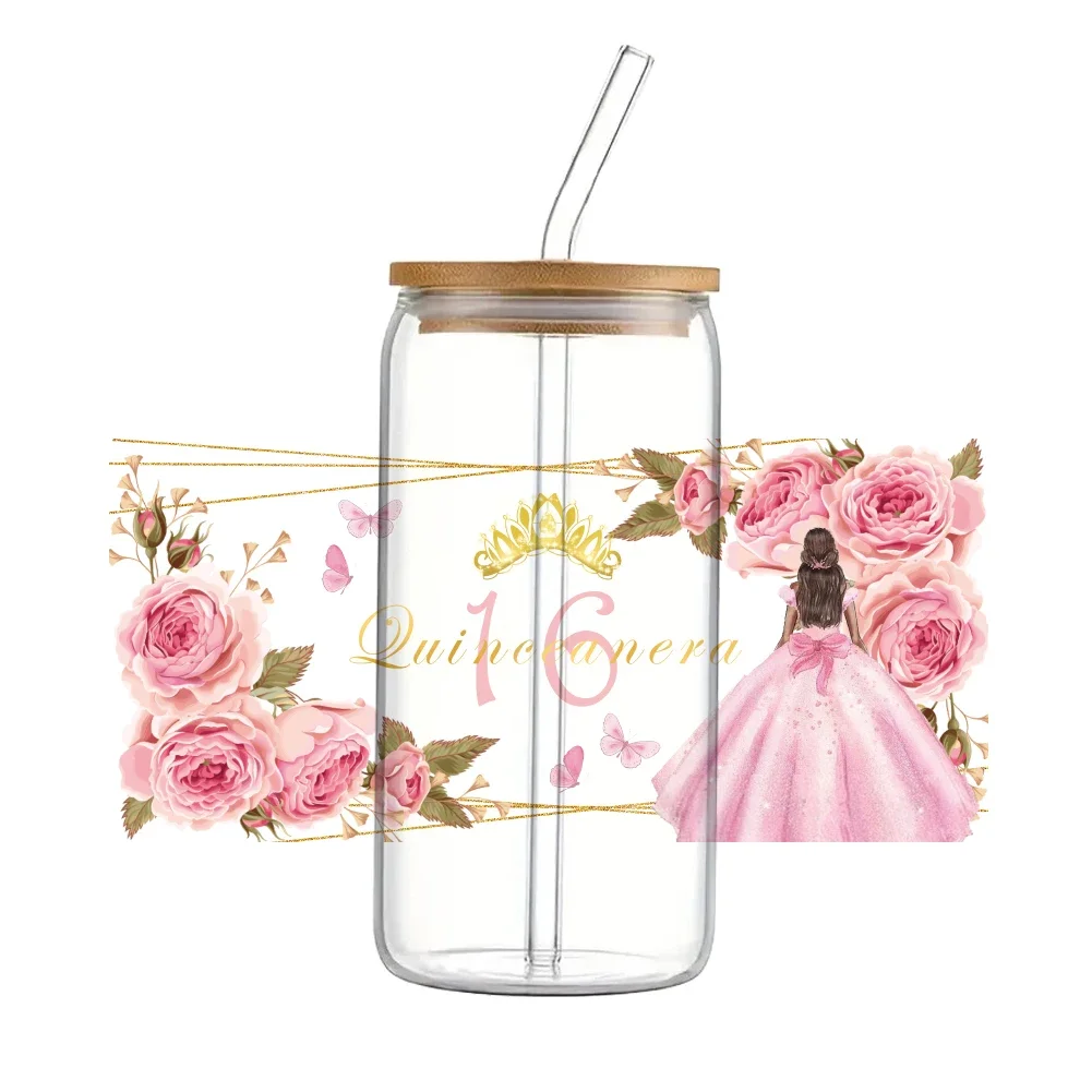 Compleanno Matrimonio 11x24 cm Cerimonia Per Libbey 16 once Può Bicchiere 3D Impermeabile UV DTF Caffè Può Avvolgere Libbey Involucro di Vetro