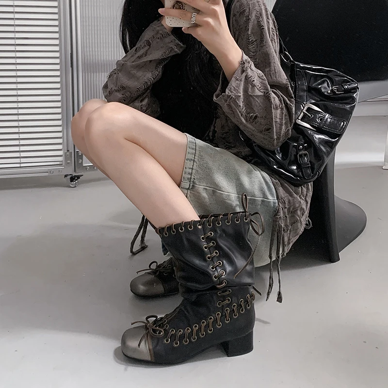 2026 new autumn winter women mid-calf boots 22-25cm split leather square toe mixed color lace up Retro Motorcycle boots