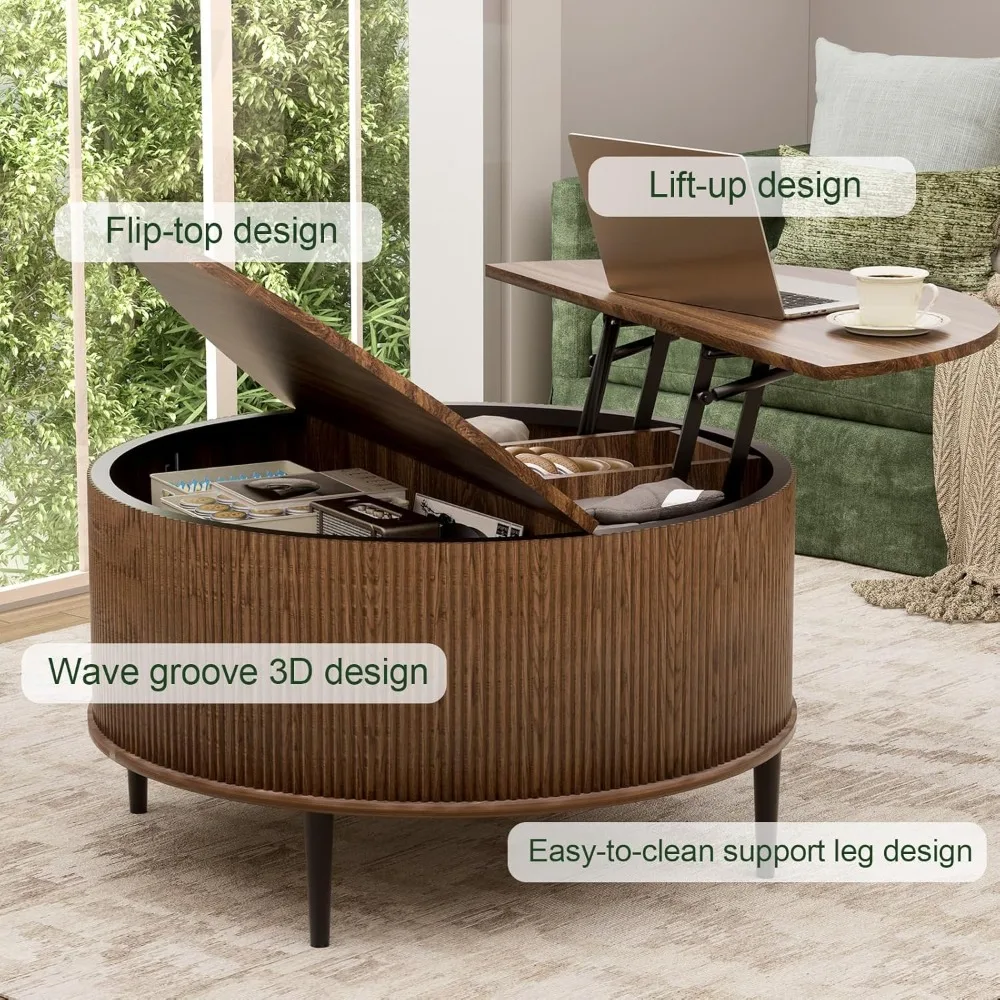 Современный круглый журнальный столик Midcentury 31,5 с откидным ящиком и рифленым центром