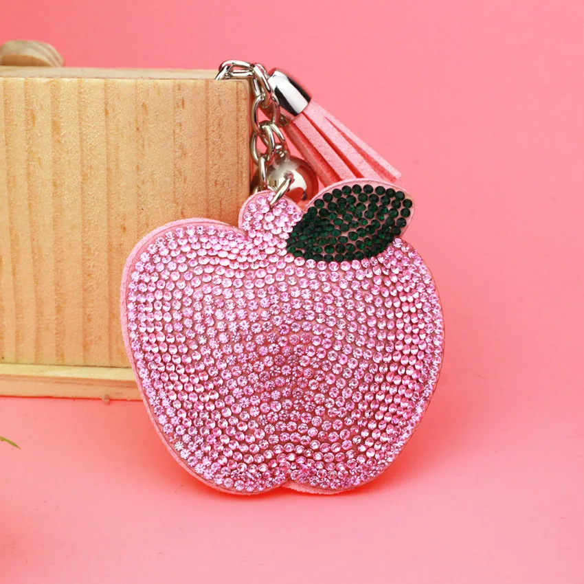 Cartoon Apple Shape Crystal Keychain Pendant With Metal Keyring for Women's Bags and Car Jewelry Key Accessories