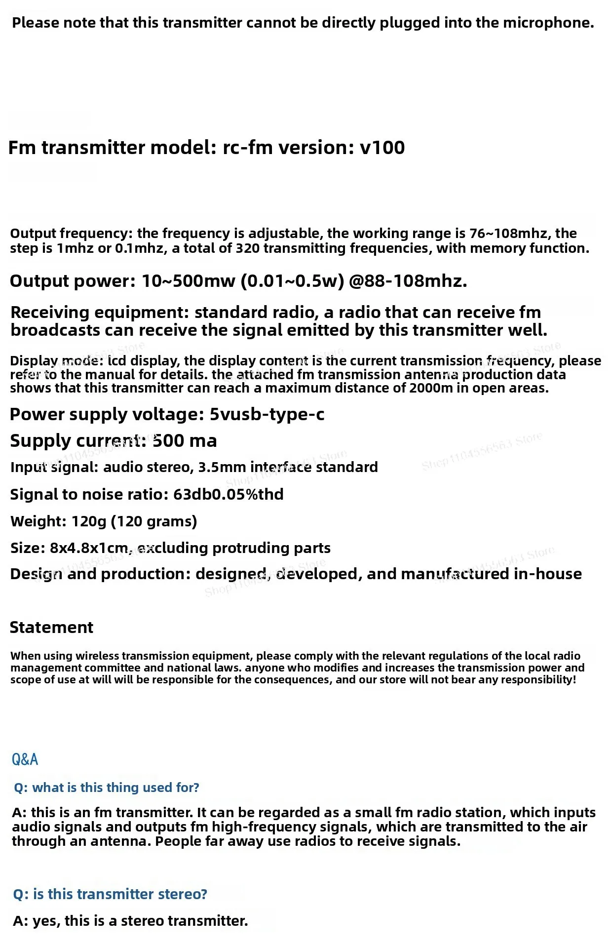 

FM-передатчик 2000 м, 0.5 Вт с цифровым дисплеем (76-108 МГц)