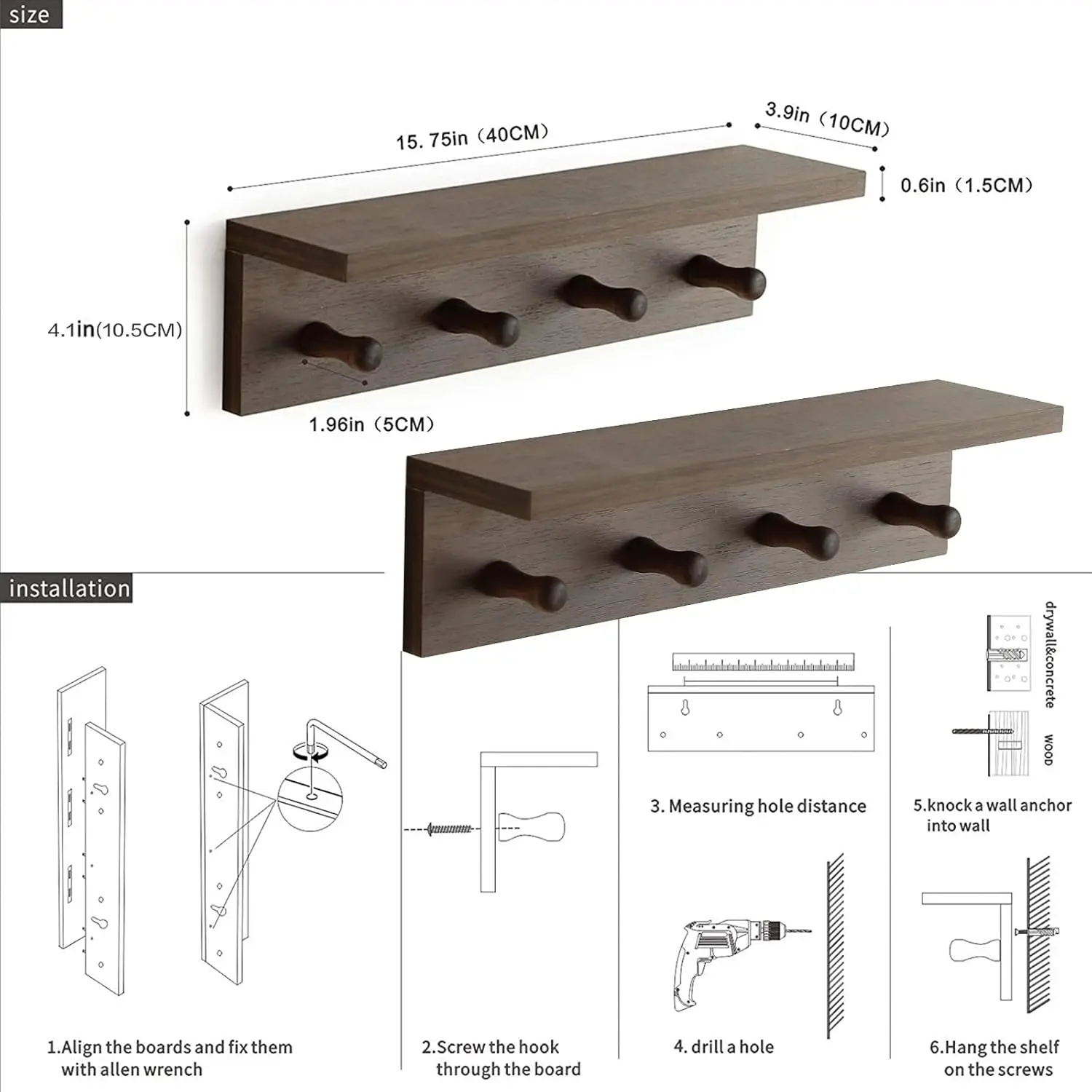 

Entrance Coat Rack ，Coat Hooks, Wall-Mounted Wooden Hook Rack, Wall-Mounted Shelves Are Very Suitable (Walnut Color, 2)
