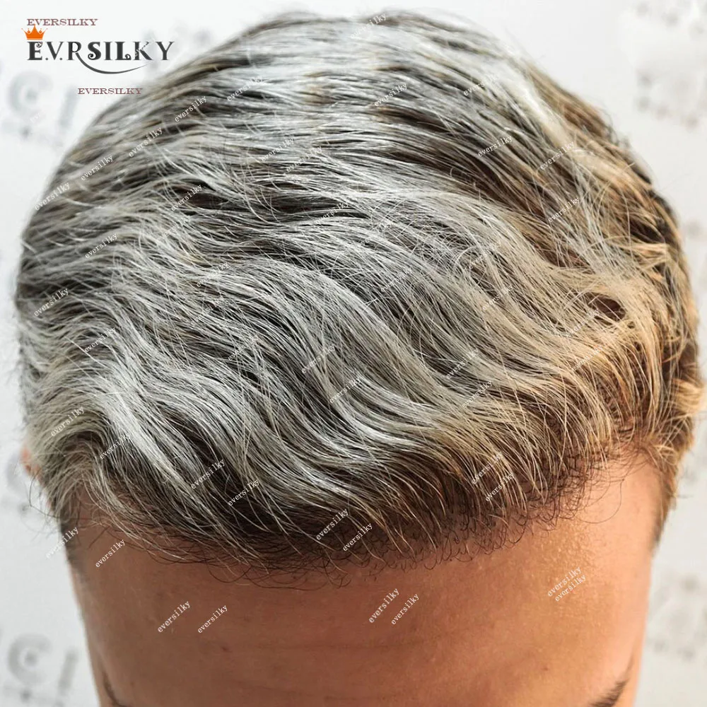 

1b65 Grey Black Super Durable Thin Male Human Hair Wigs Natural Hairline Men Toupee Microskin Full Skin Pu Capillary Prosthesis