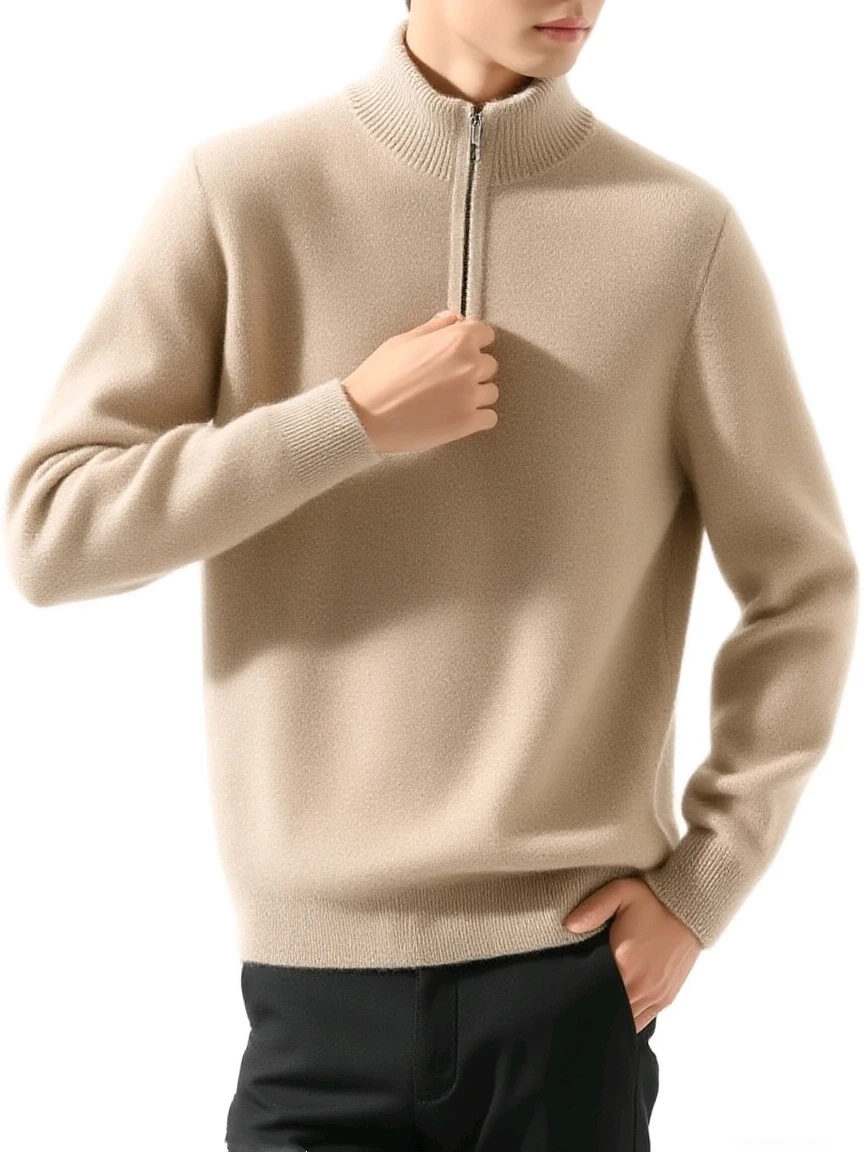

Autumn Winter New Men's 100% Pure Wool Pullover Sweater Mock Neck Half-Zip Knit Basic Long Sleeve Tops Smart Casual Staple