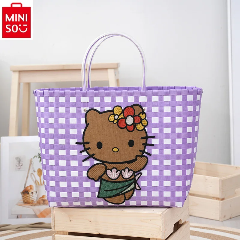 MINISO   Summer cartoon Hello Kitty woven contrasting color mommy handbag for women's fashionable checkered storage beach bag