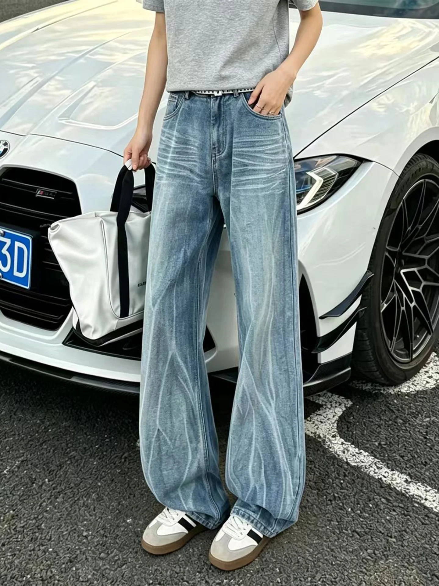 Washed Blue Lightning Pattern Men's Jeans High Street Vibe Straight Leg Micro Flared Pants Casual Wear Youth  Style