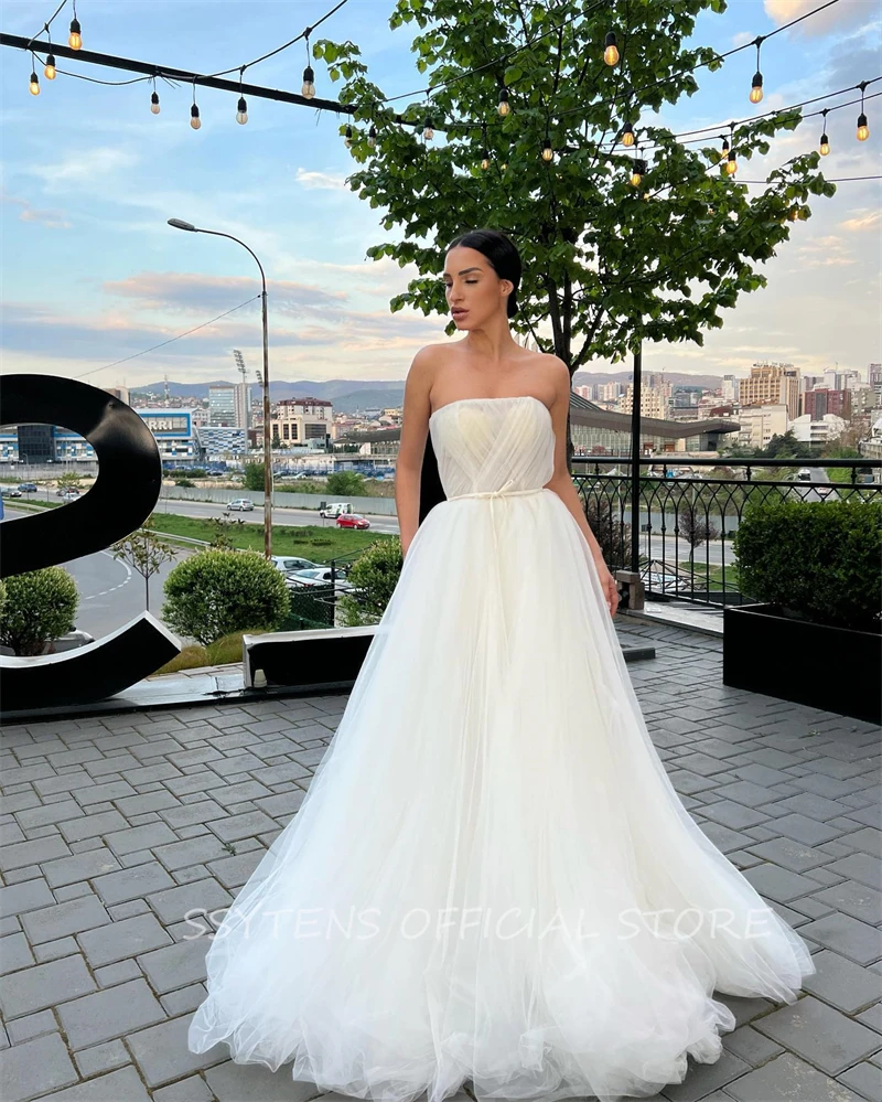 Vestidos de novia de tul sin tirantes para mujer, vestidos de novia informales hechos a medida, vestido de noche de playa para boda, más vendido