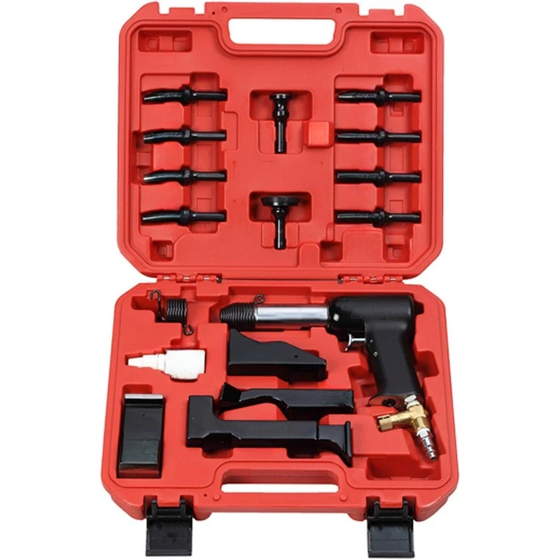 DELUXE AIR HAMMER KIT FOR SOLID & TUBULAR RIVETS. INCLUDES: 4 BUCKING BARS, 4 CUPPED UNIVERSAL HEAD BITS